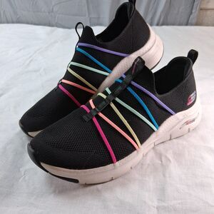 Skechers Womens Arch Fit Bright Stride Rainbow Stretch Black Shoes 149565 Sz 10